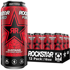 Rockstar front can showing Fruit Punch branding and bold flavor benefit