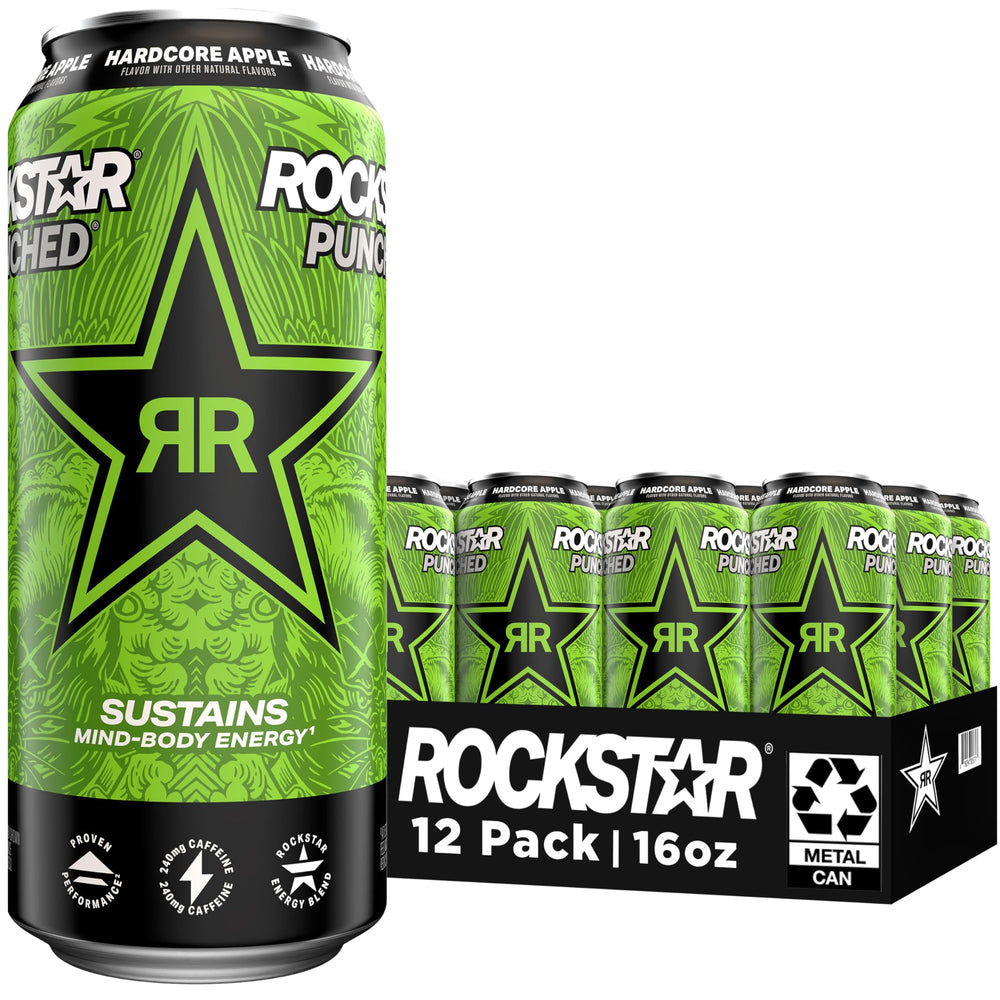 Rockstar punched Hardcore Apple 12-pack front view showing branding and cans