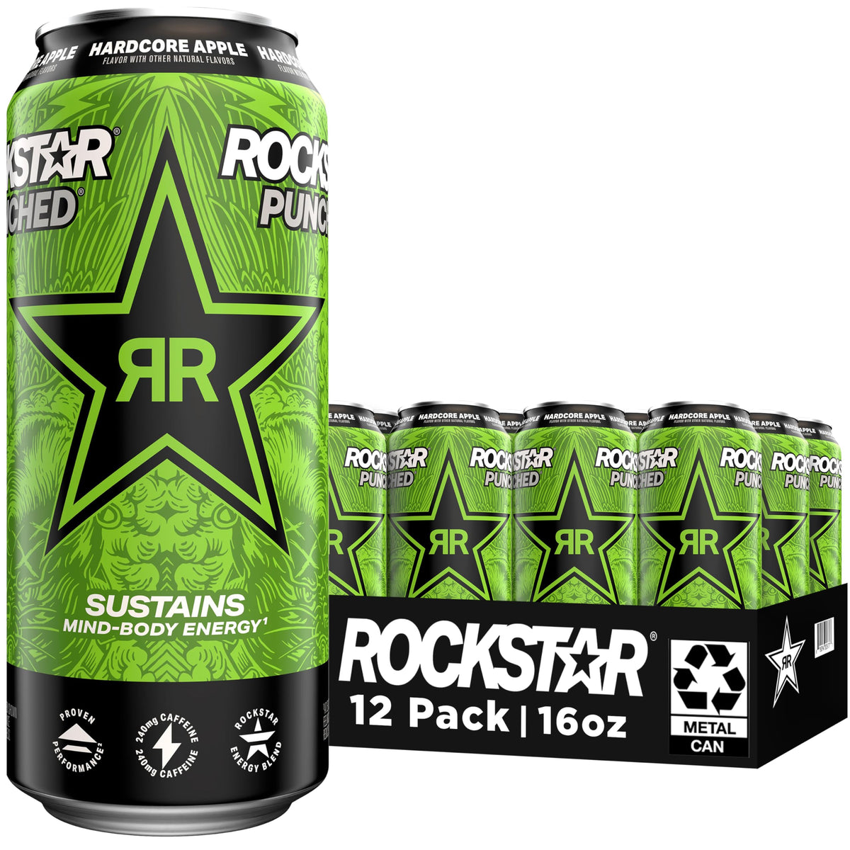 Rockstar punched Hardcore Apple 12-pack front view showing branding and cans