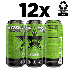Can surface close-up with carbonation bubbles highlighting Rockstar texture