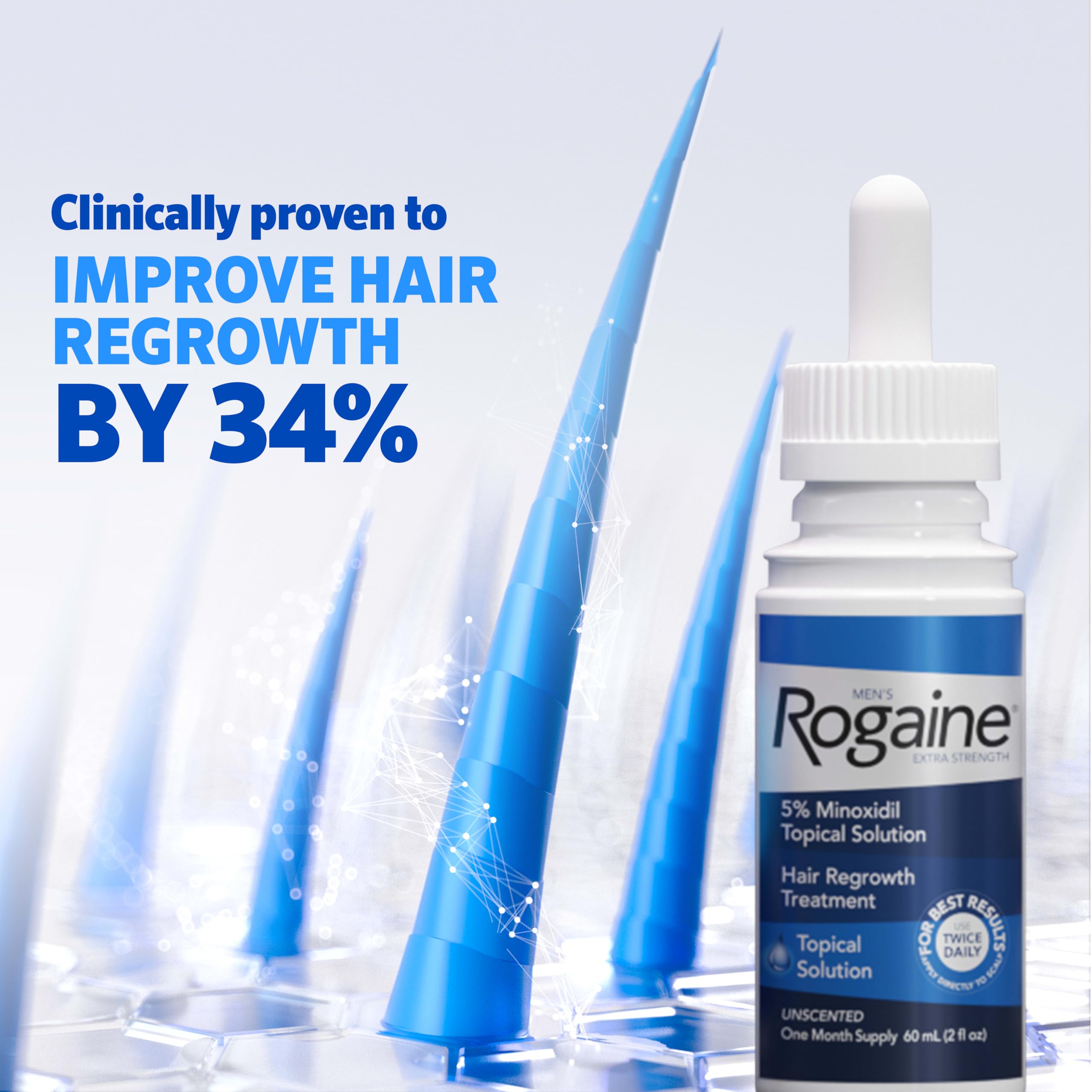 Rogaine label close-up displaying 5% minoxidil strength and unscented formula benefits