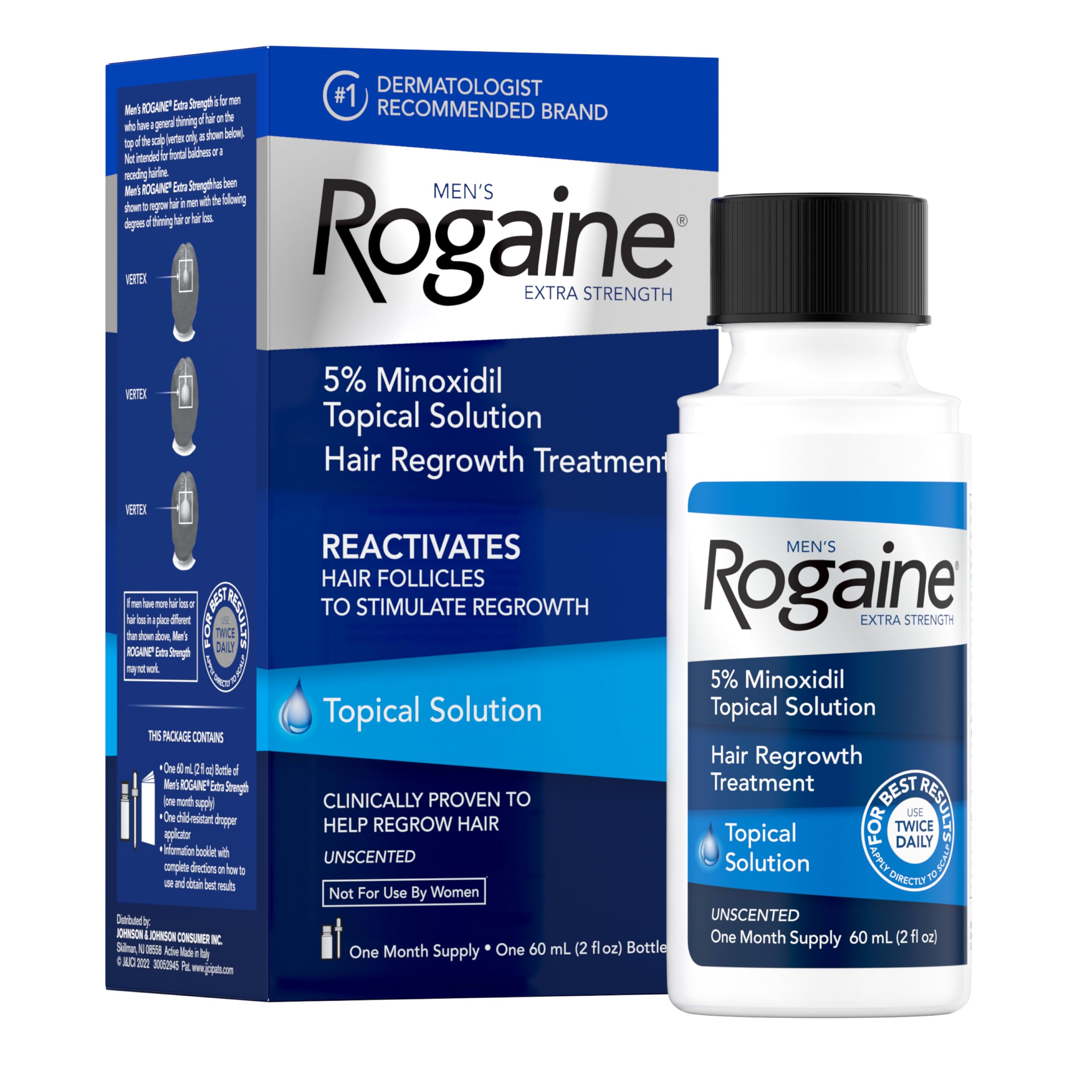 Rogaine front view bottle showing brand and 2 fl oz size for clear product identification