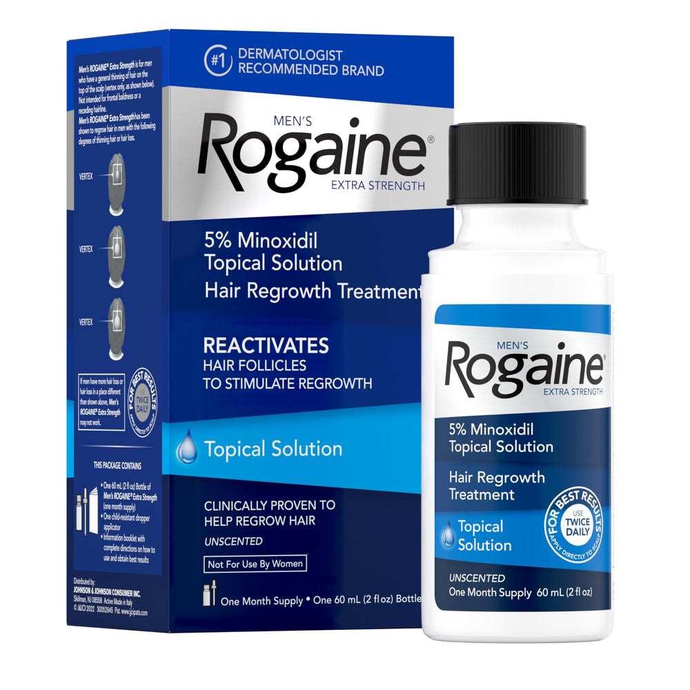 Rogaine front view bottle showing brand and 2 fl oz size for clear product identification