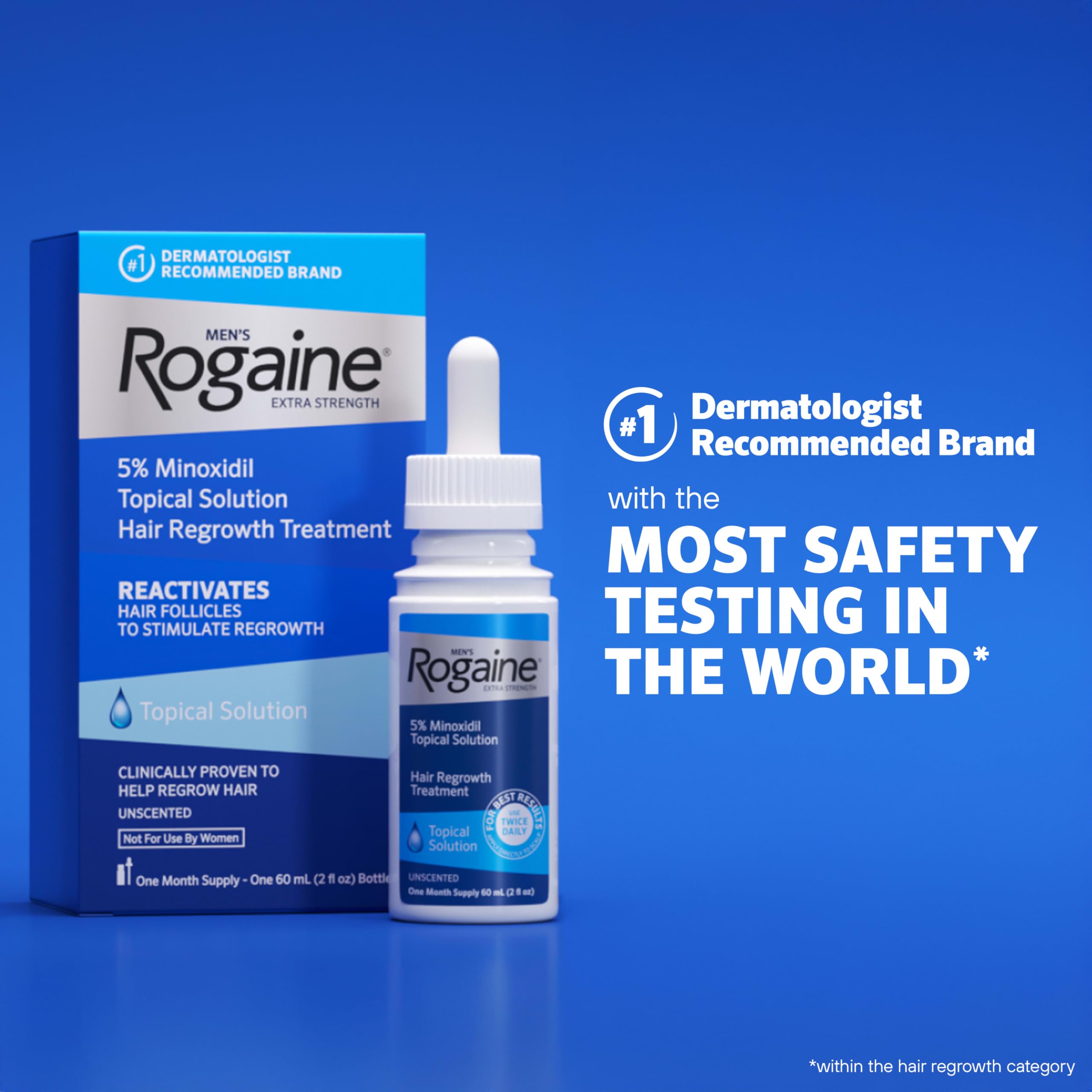 Rogaine bottle beside its packaging box communicating included contents and branding