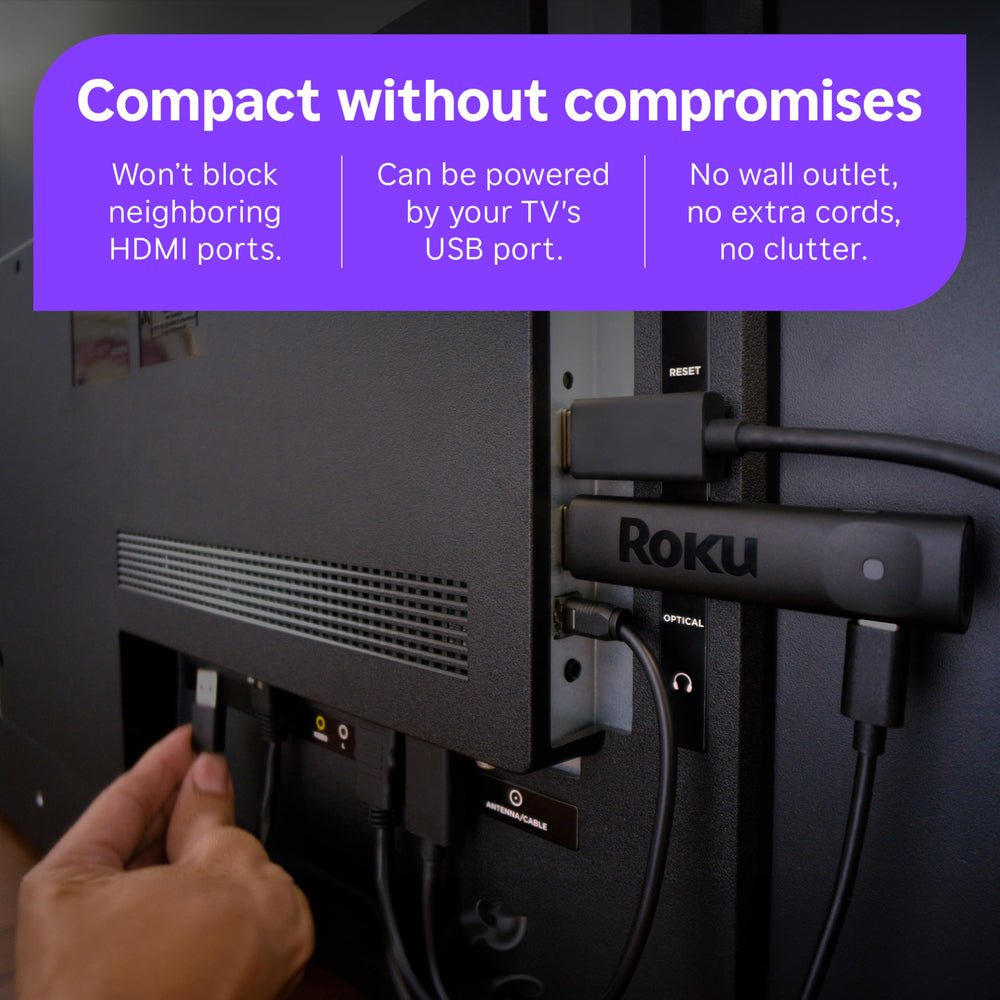 roku voice remote buttons and microphone visible for one-remote power and volume control