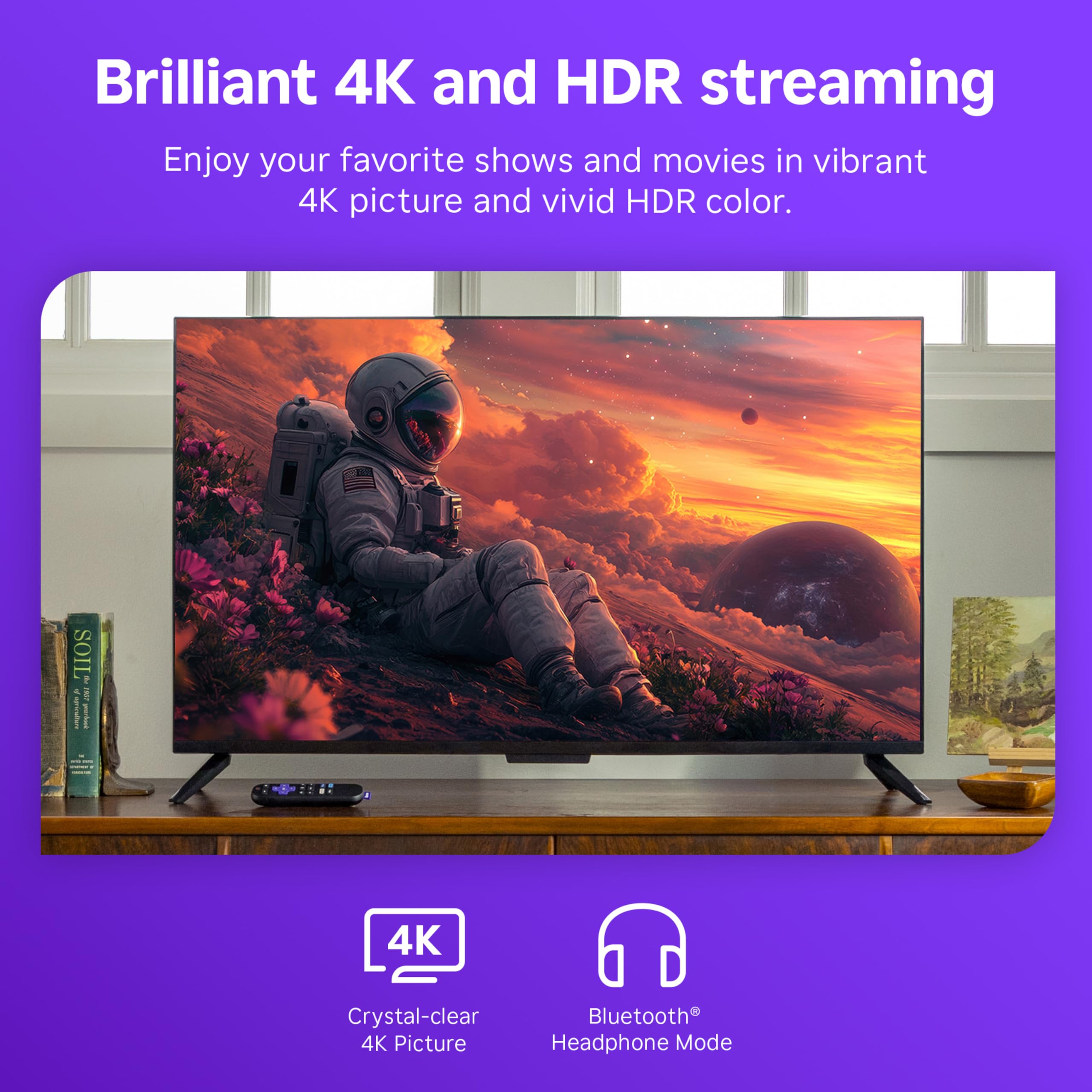 roku stick plugged into TV side port demonstrating TV-powered option and no extra outlet
