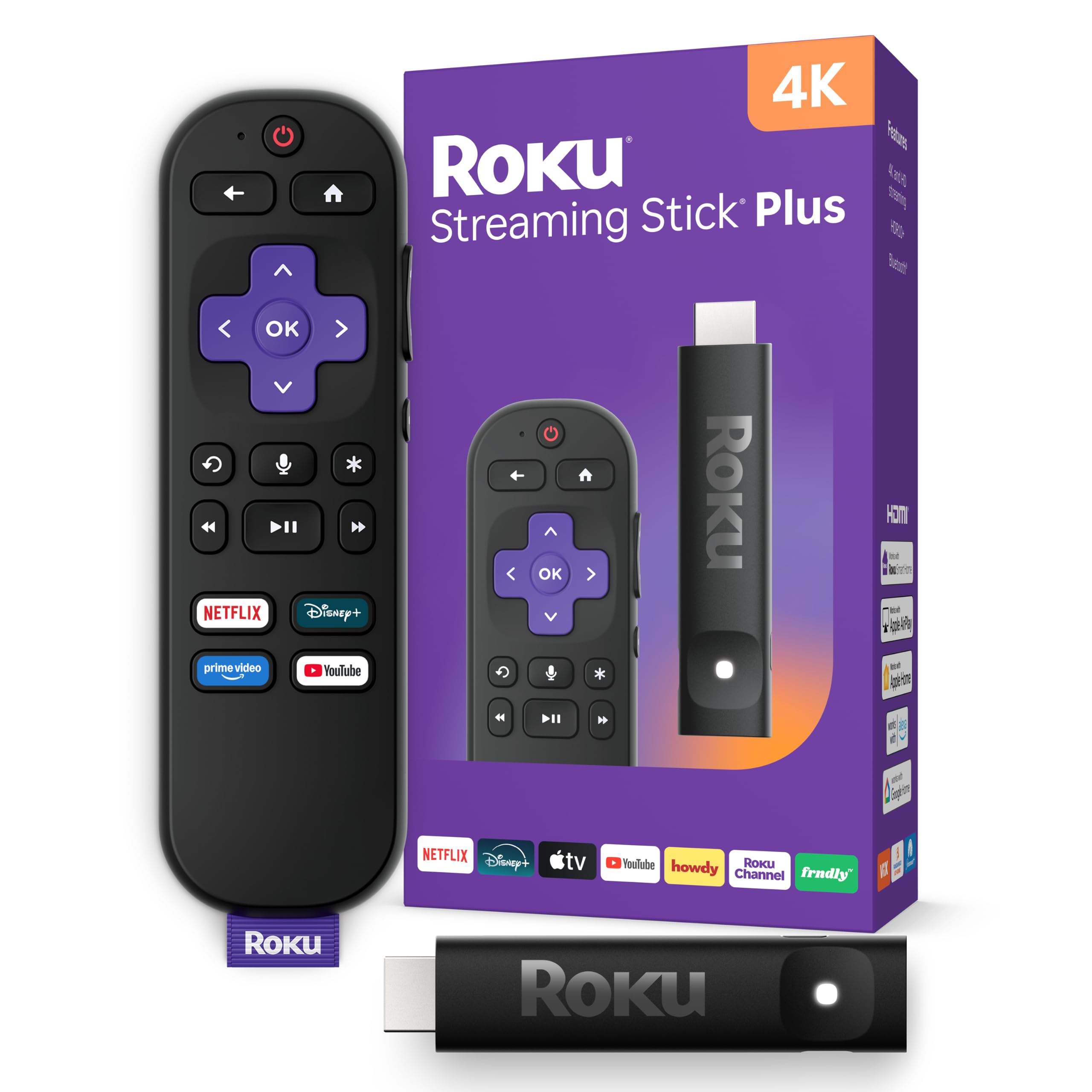 roku streaming stick plus front view showing compact design and easy install benefit
