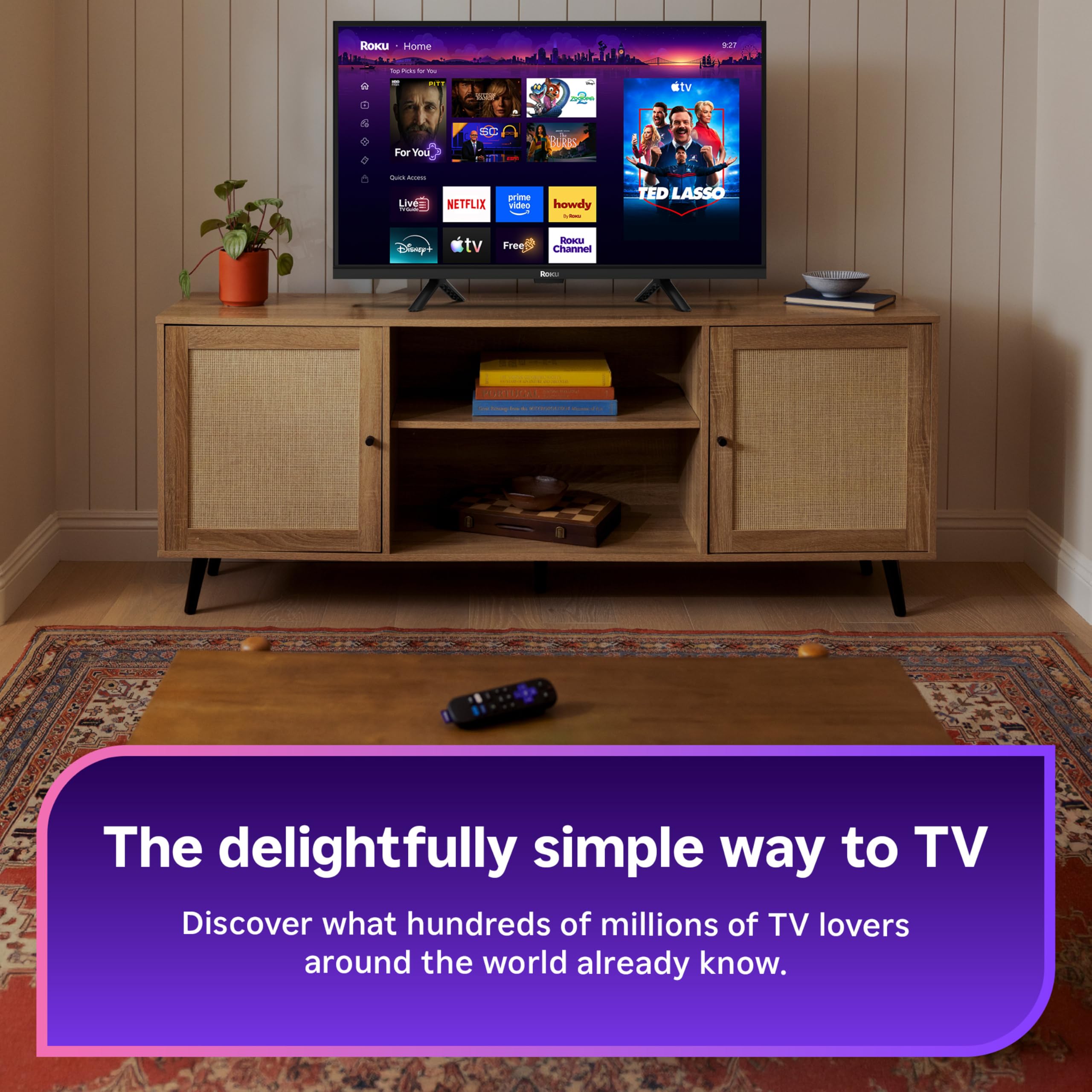 Roku voice remote front view with buttons visible for quick navigation benefit