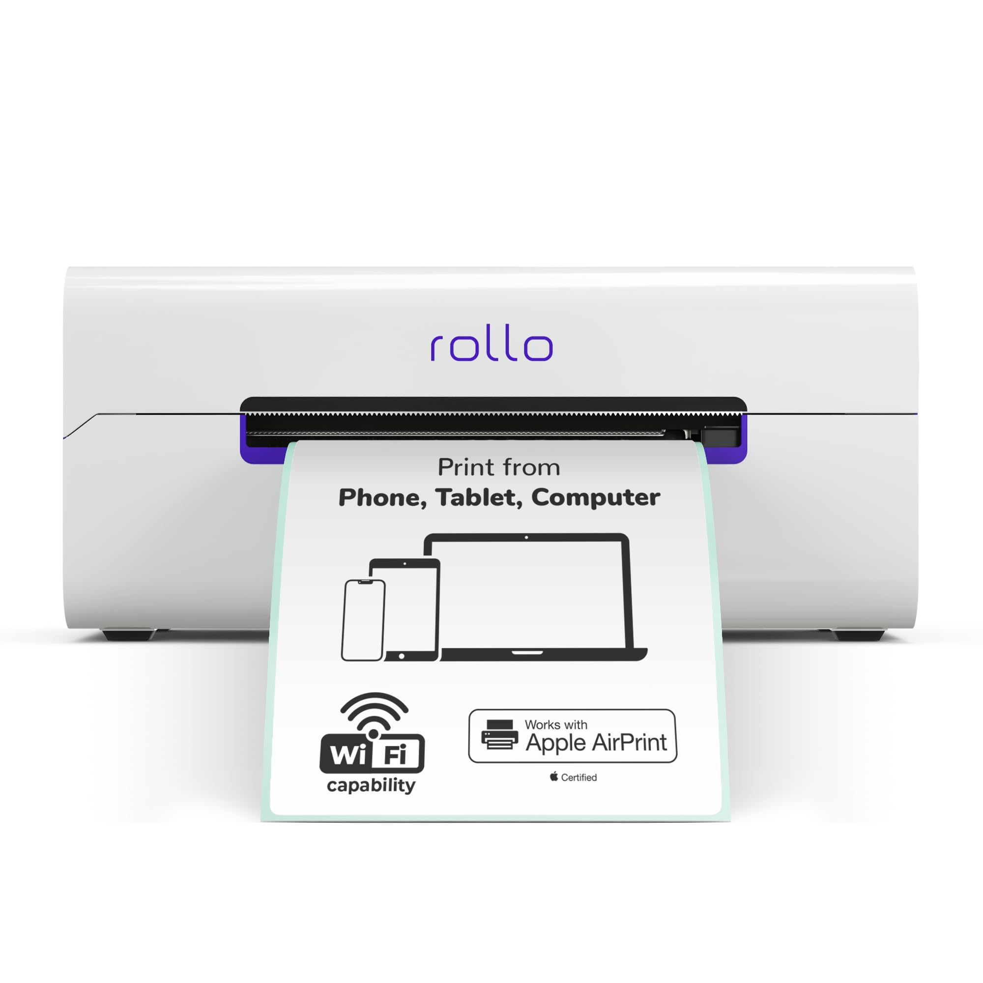 Rollo front view showing compact shipping label printer and fast throughput