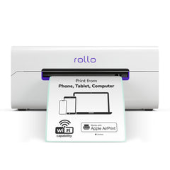 Rollo front view showing compact shipping label printer and fast throughput