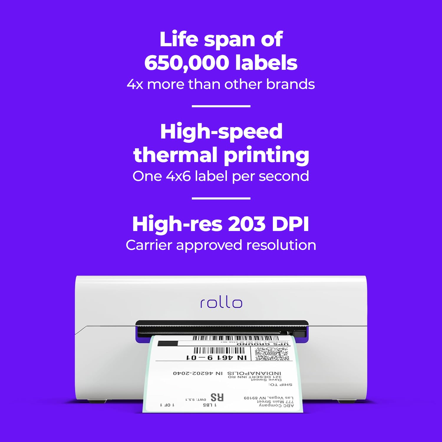Rollo close-up of a 4x6 label with clear barcode, showing scan reliability