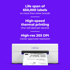 Rollo close-up of a 4x6 label with clear barcode, showing scan reliability
