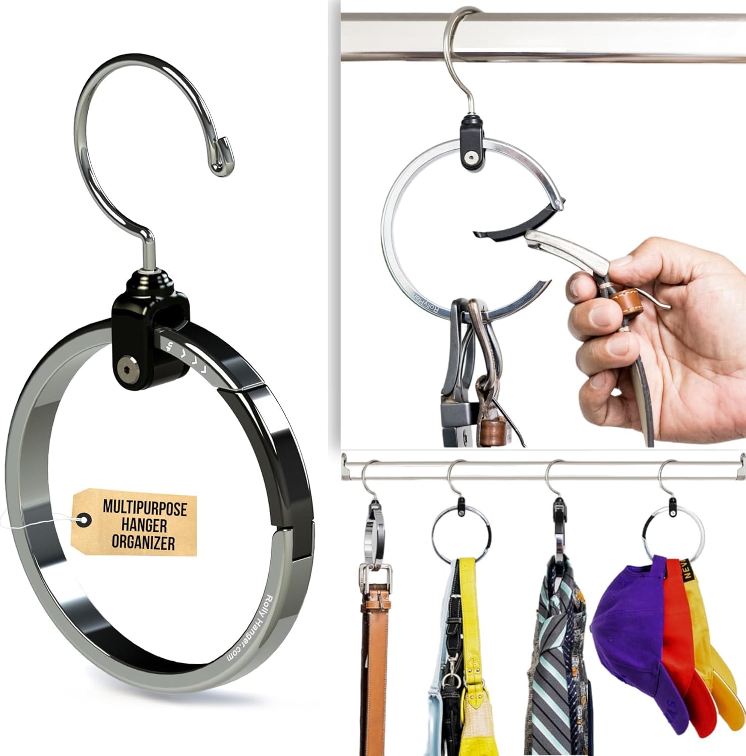 Rolly Hanger front view chrome showcasing full ring and swivel hook for neat storage