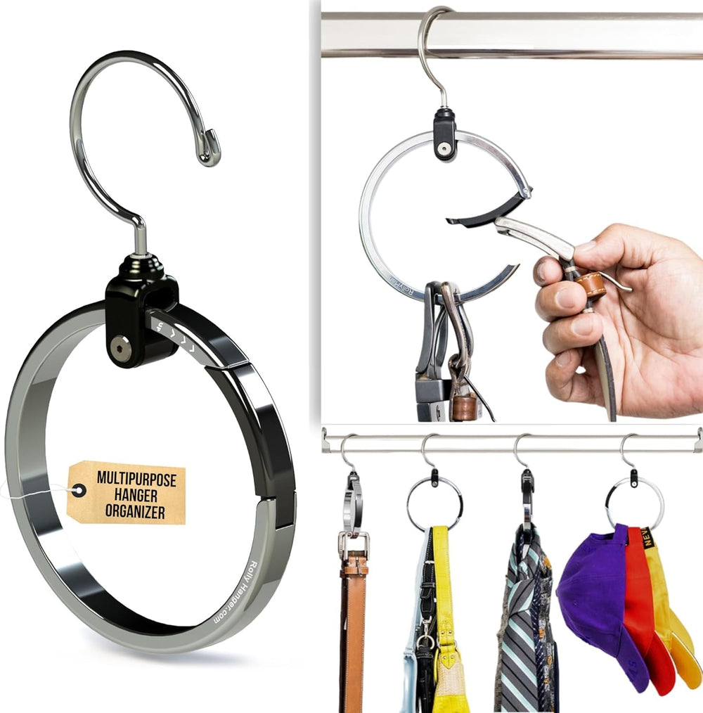 Rolly Hanger front view chrome showcasing full ring and swivel hook for neat storage