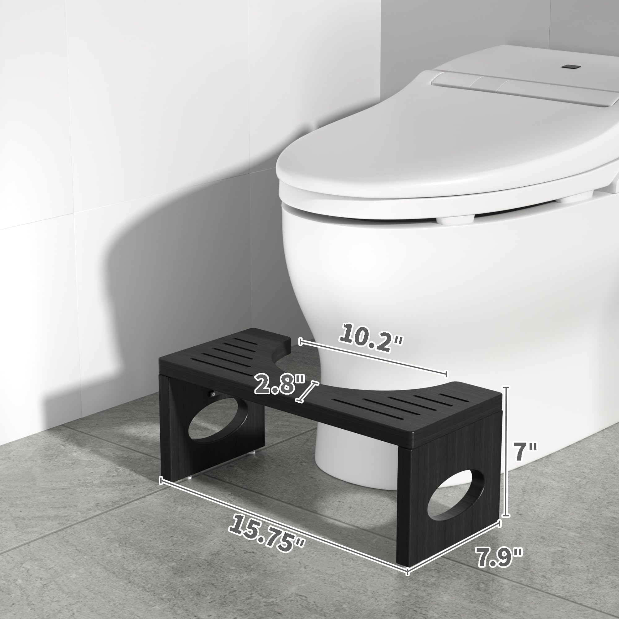 ROMGUAR CRAFT stool beside toilet showing scale and easy placement in bathroom