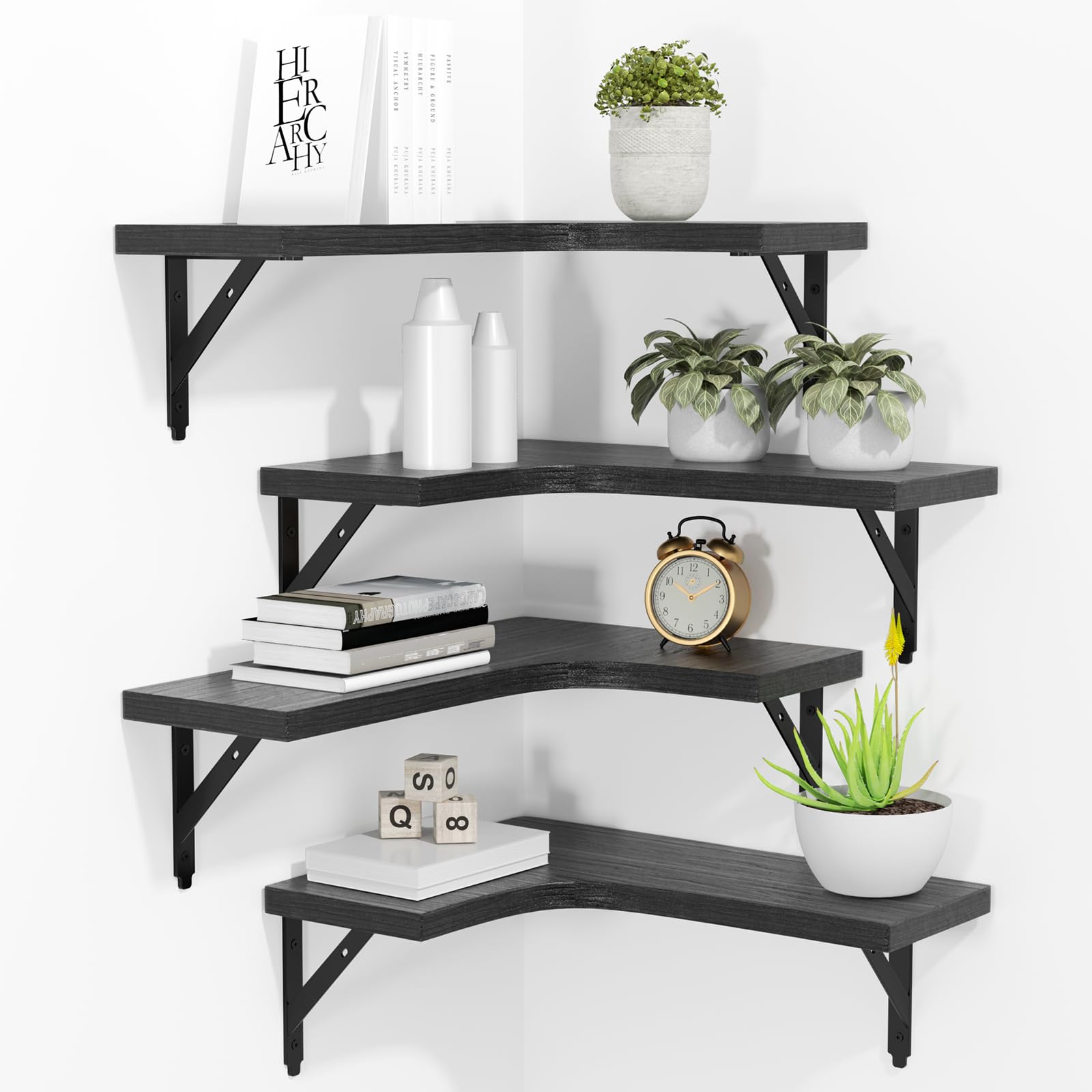 ROMGUAR CRAFT front view of four black corner floating shelves, modern display benefit