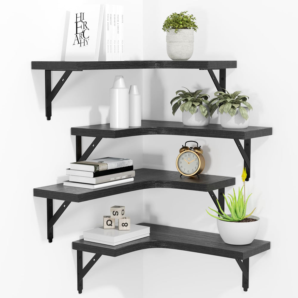 ROMGUAR CRAFT front view of four black corner floating shelves, modern display benefit