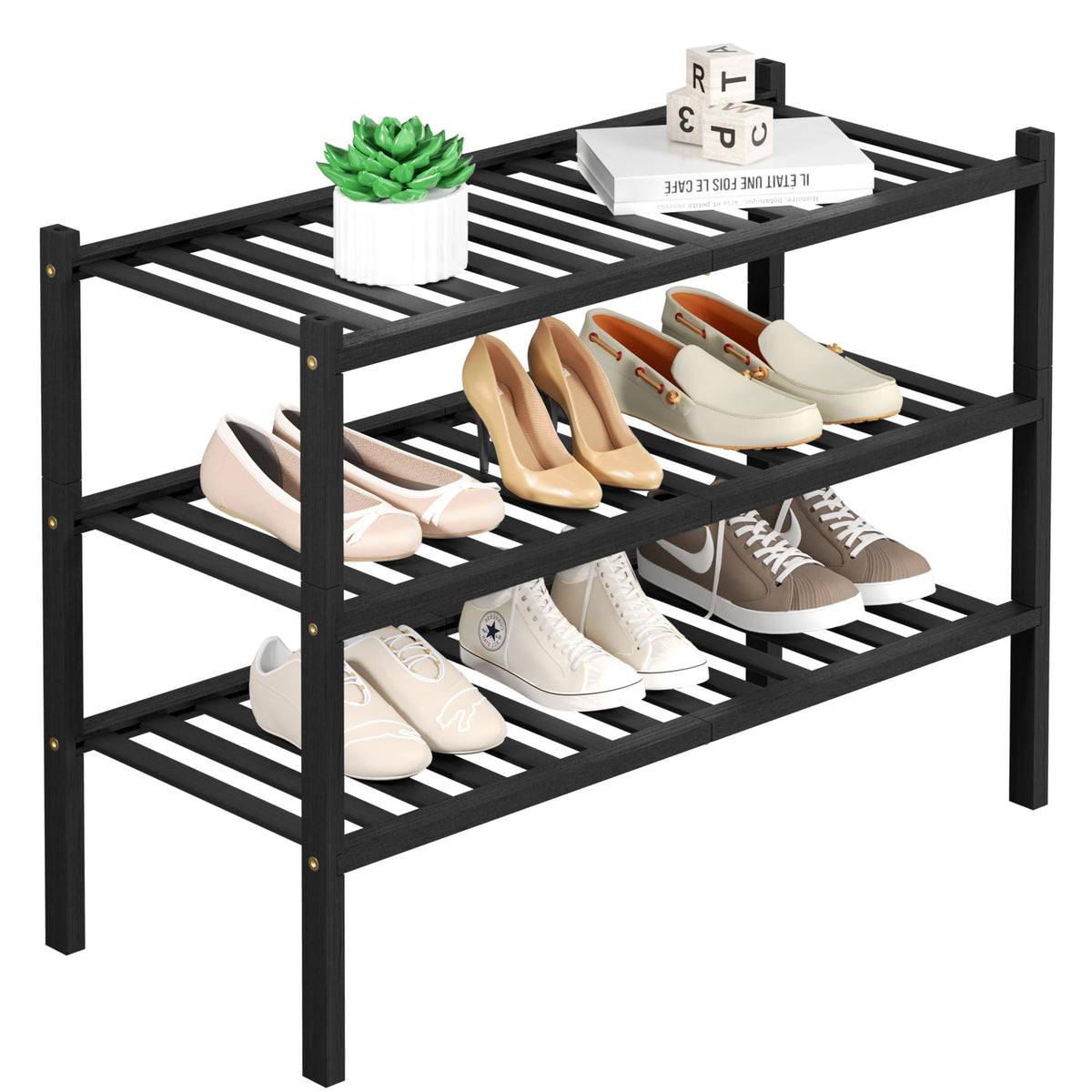 ROMGUAR CRAFT front view bamboo shoe rack showing compact organization benefit