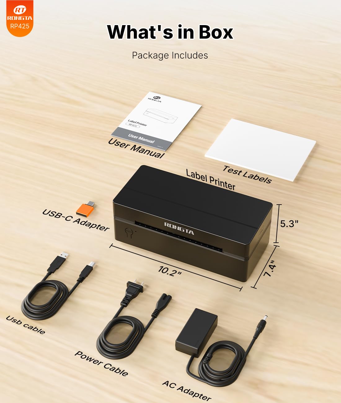 Rongta RP425 next to a ruler illustrating compact size for small workspaces