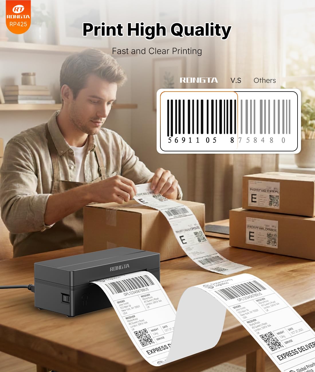 Rongta RP425 on a busy packing desk demonstrating space-saving convenience