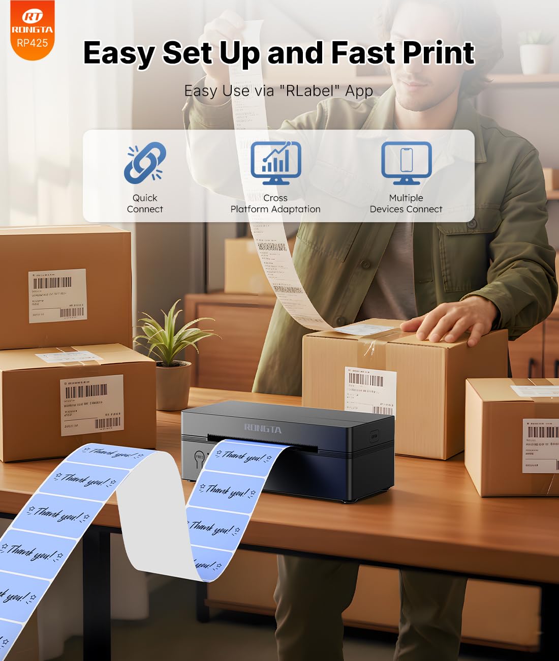 Rongta RP425 printing a 4x6 shipping label for faster order fulfillment