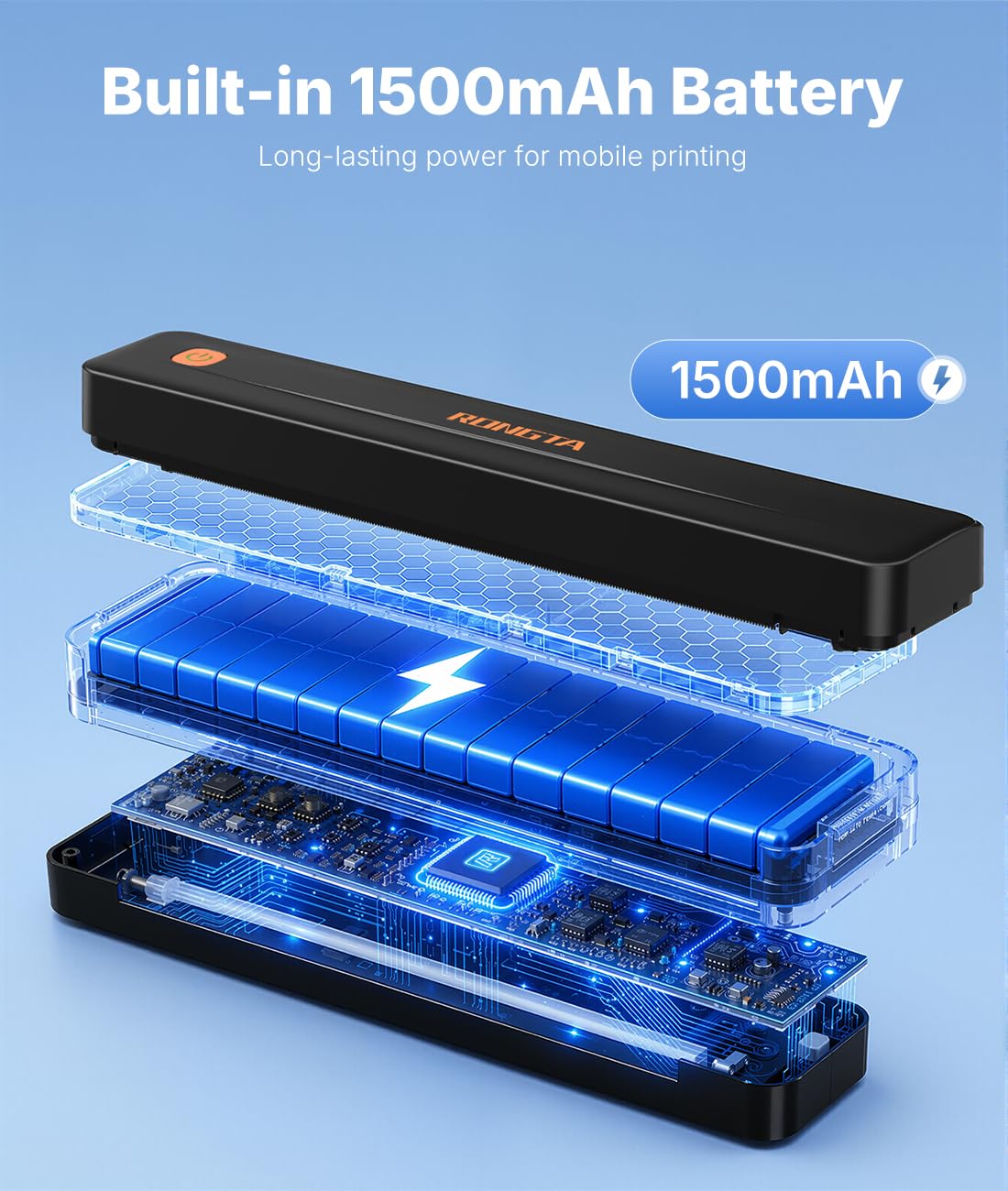 Rongta tucked inside a backpack illustrating portability and on-the-go document printing