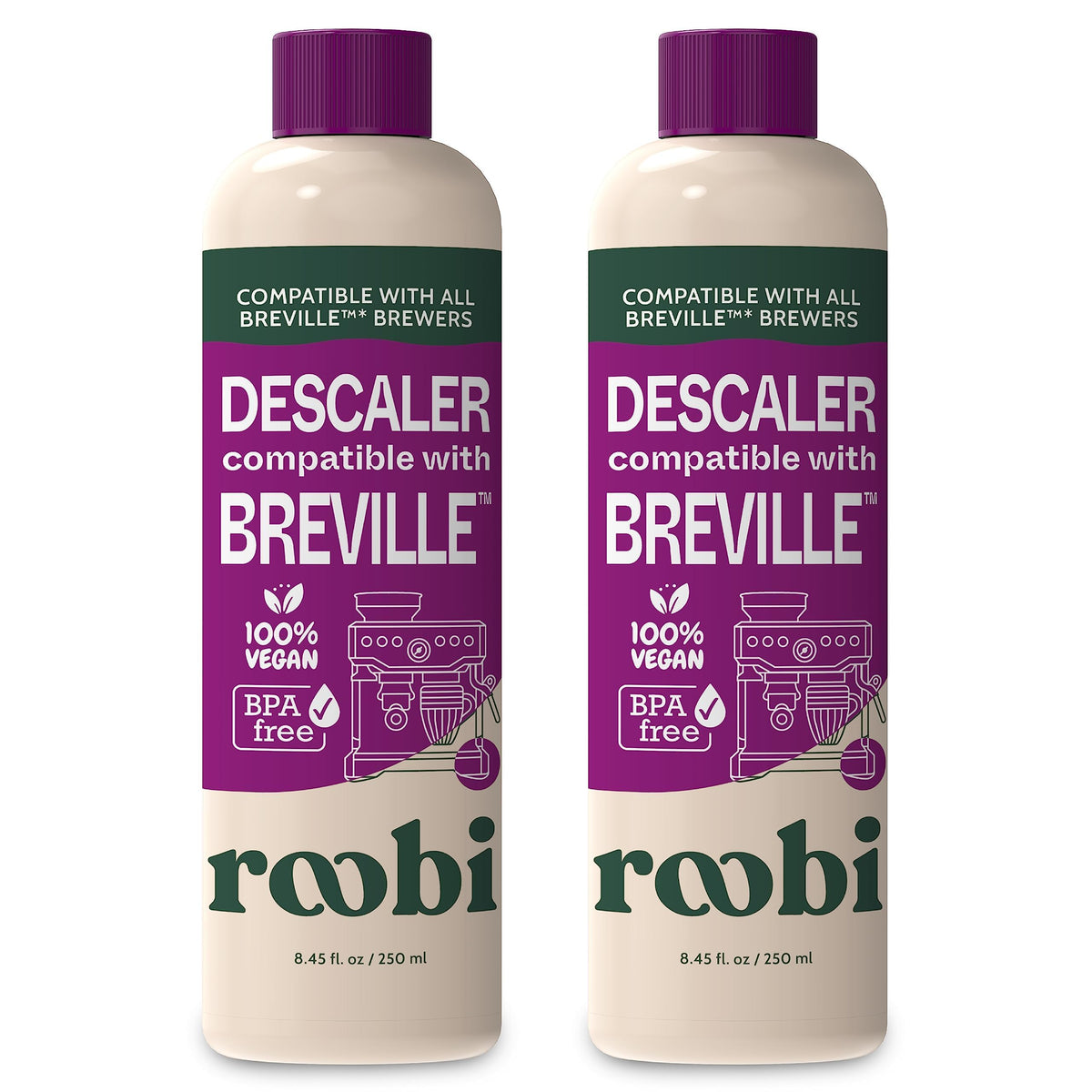 Roobi bottle front packaging showing product for Breville maintenance and cleaner coffee