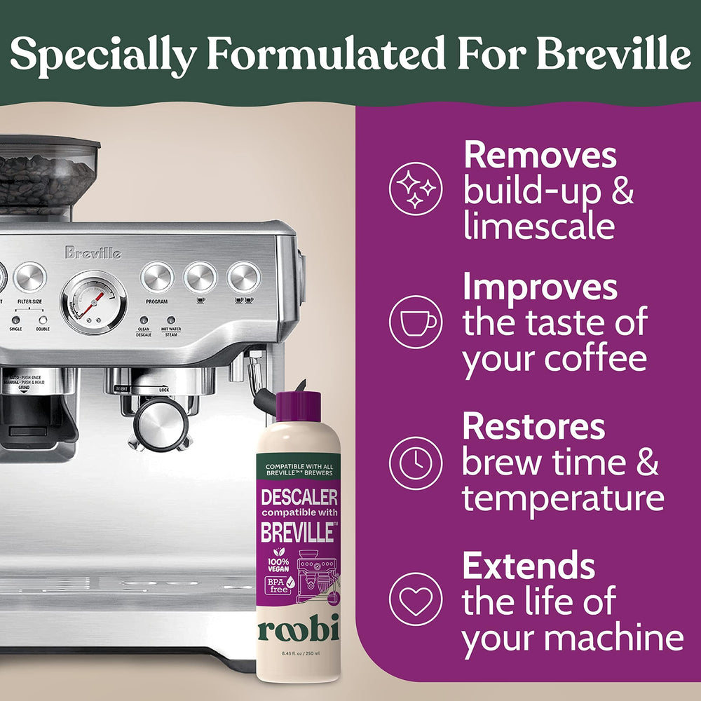 Roobi label close-up detailing compatibility and benefits for Breville machines