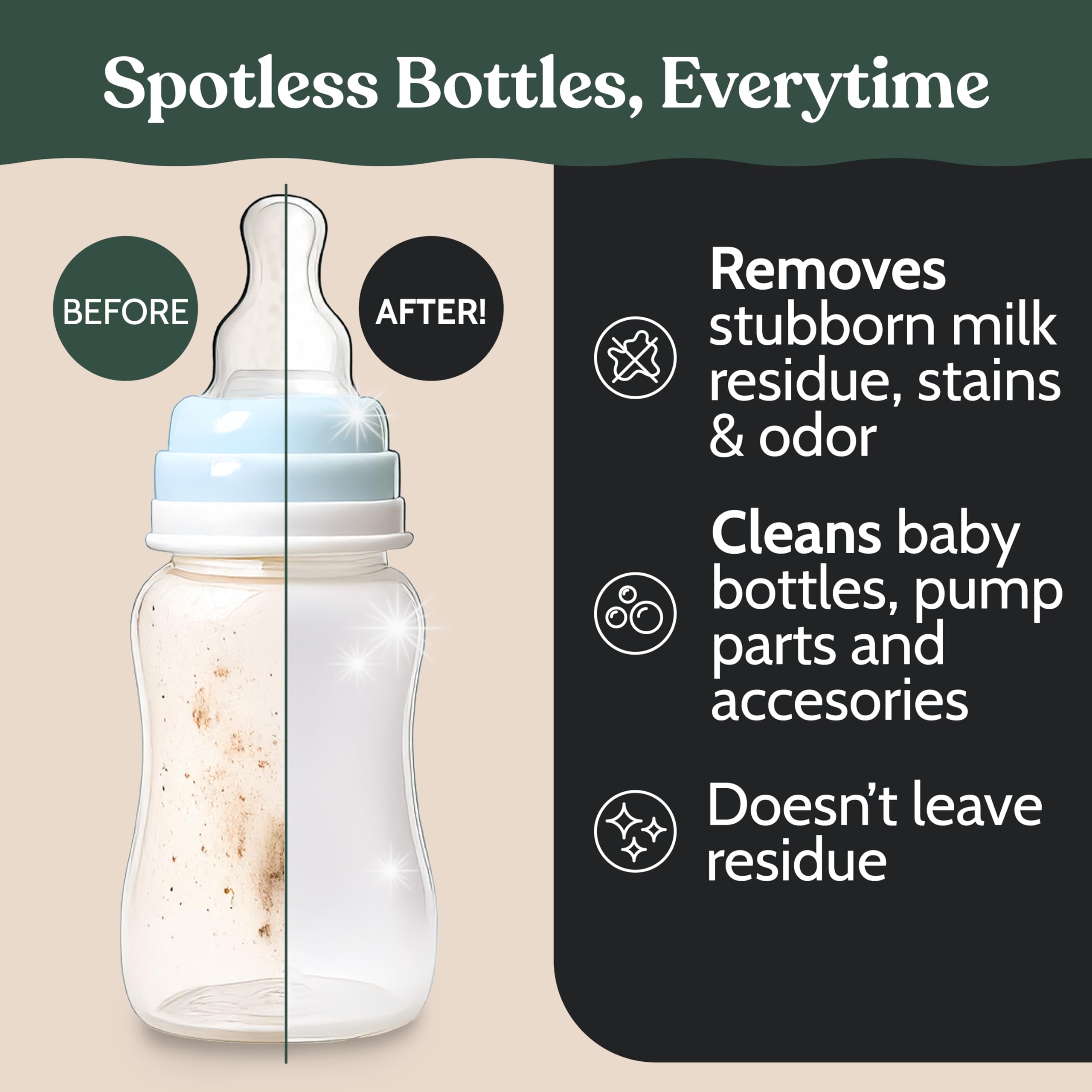Spotless baby bottles after Roobi wash demonstrating residue-free results