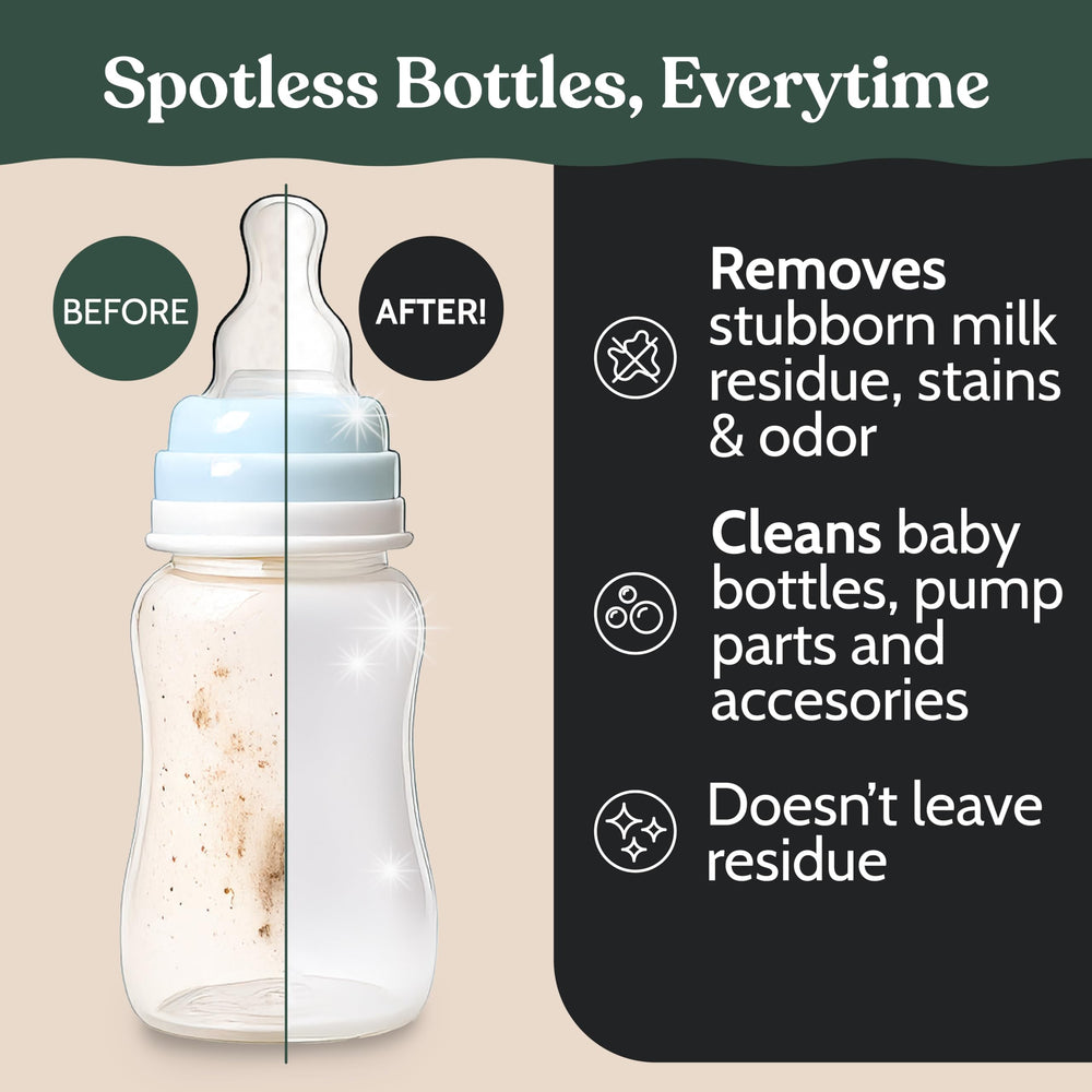 Spotless baby bottles after Roobi wash demonstrating residue-free results