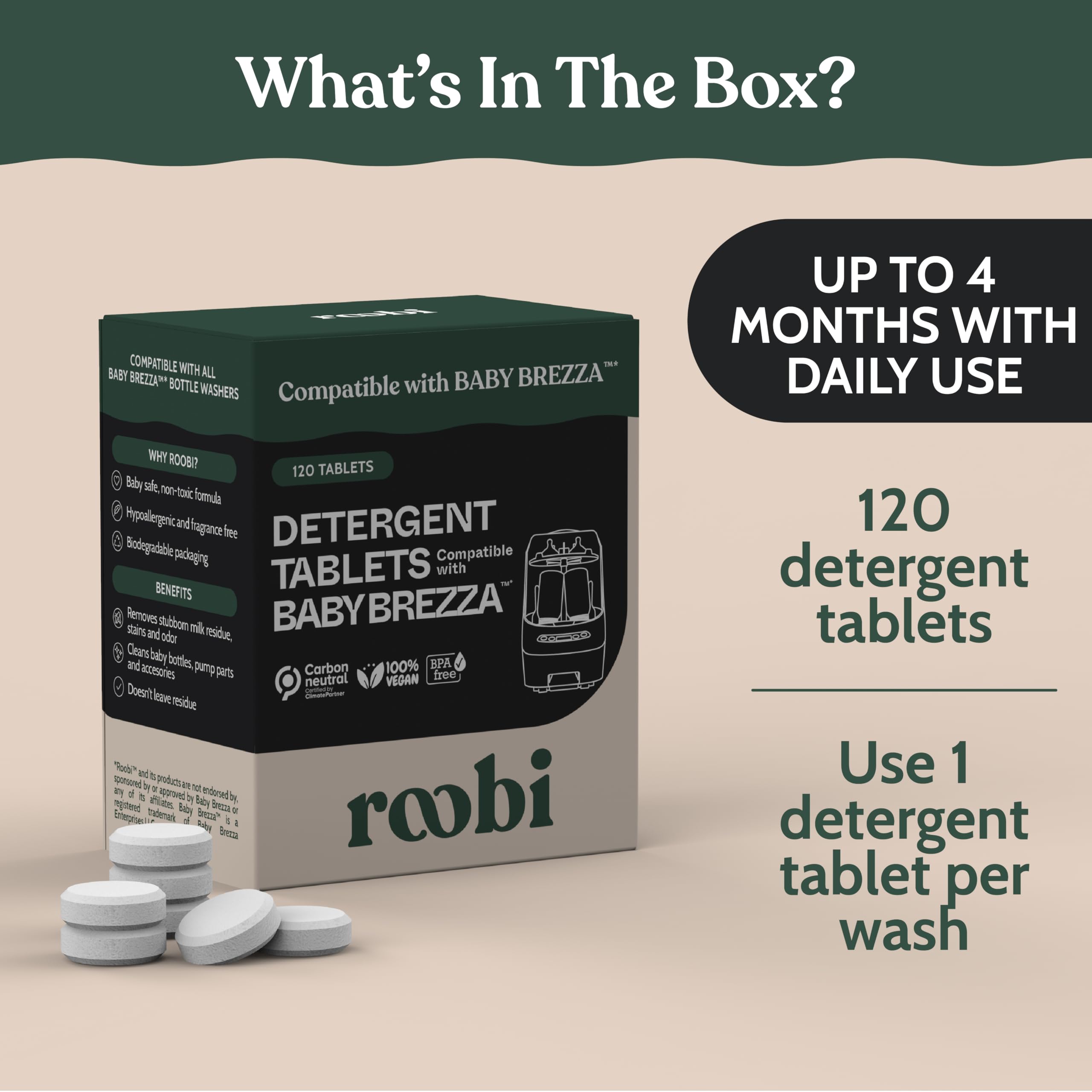 Roobi pack on kitchen counter with bottles illustrating everyday family use