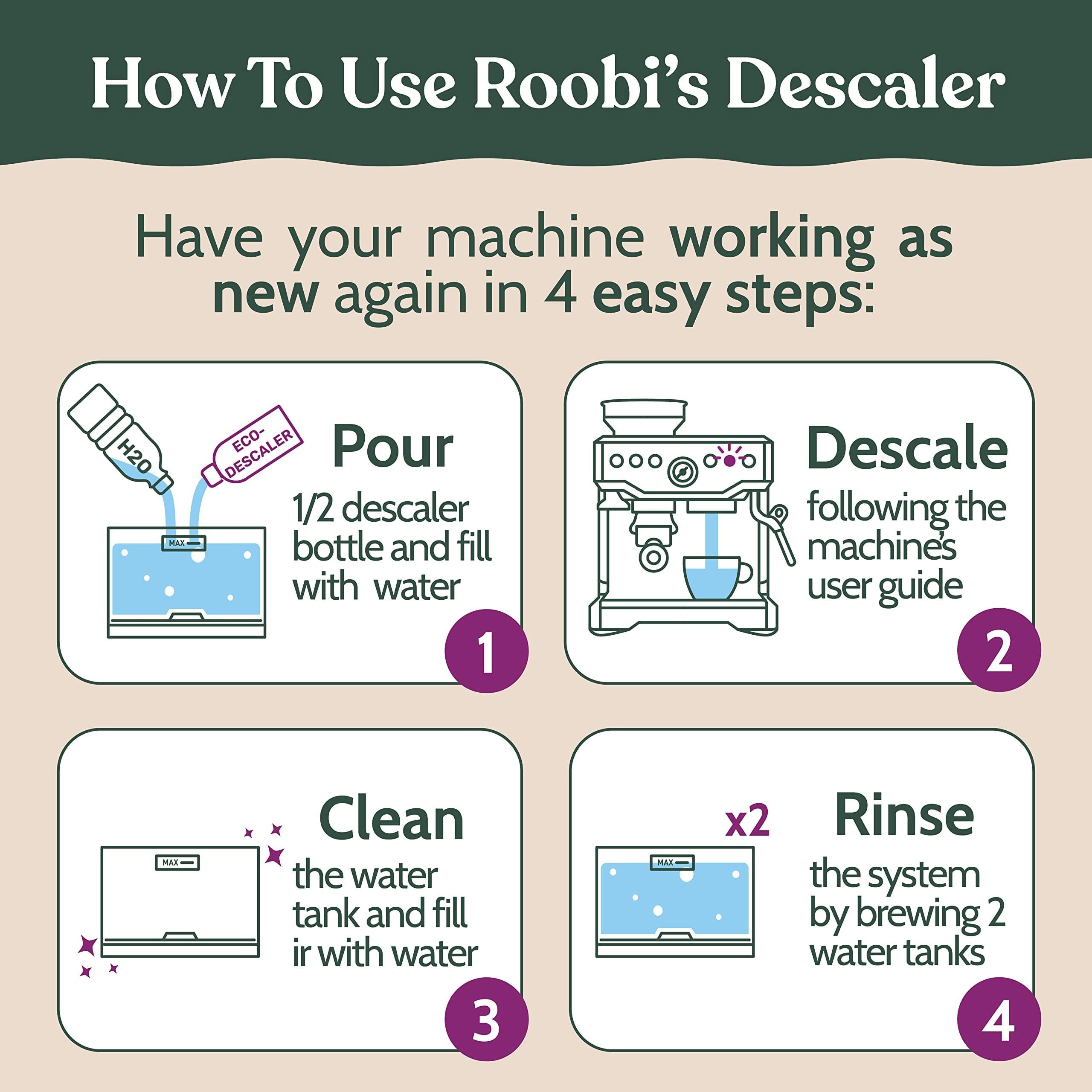 Roobi bottle on kitchen counter showing maintenance routine and fresher tasting coffee