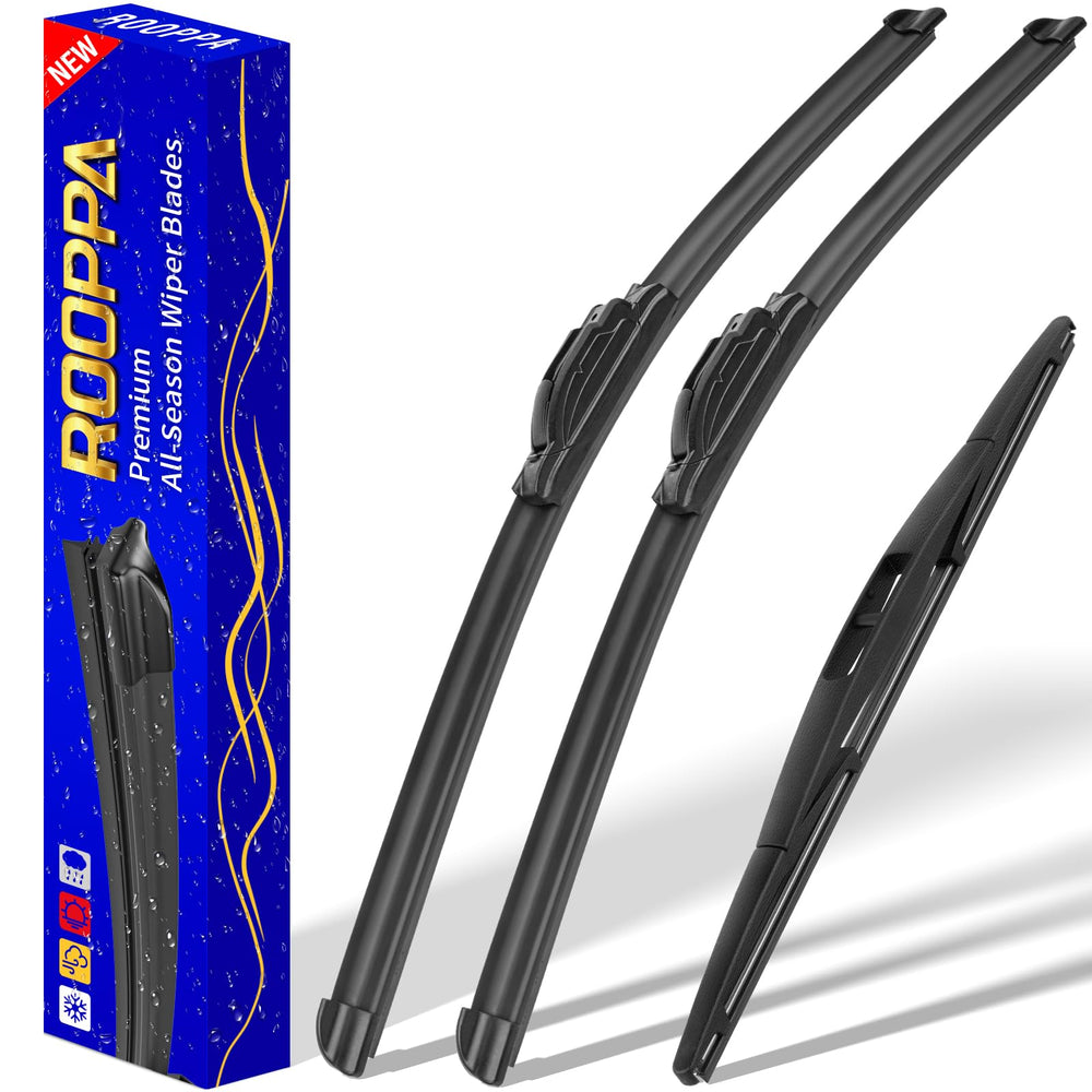 Rooppa front packaging showing 3-pack wipers and clear vehicle compatibility