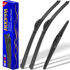 Rooppa front packaging showing 3-pack wipers and clear vehicle compatibility