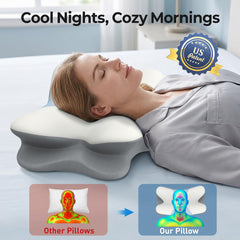 ROPU close-up profile of pillow contour highlighting targeted neck cradle benefit