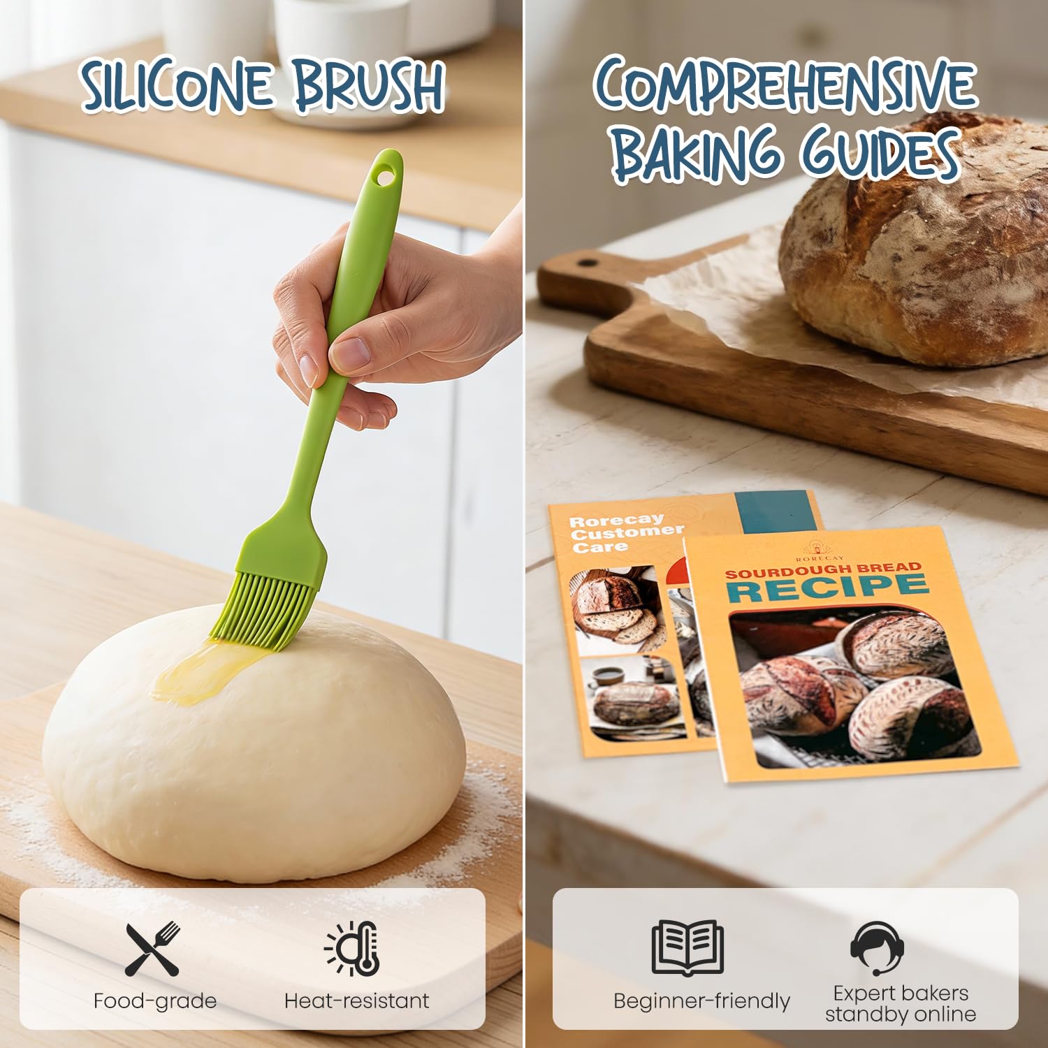 rorecay dough whisk, scraper, cutter and brush arranged for quick use