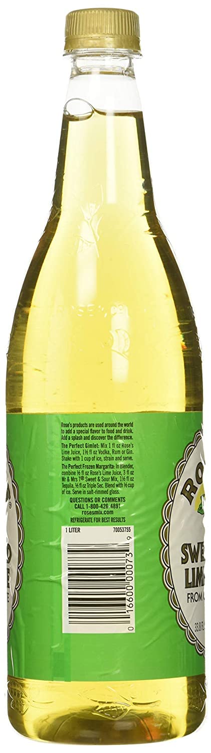 Rose's Lime Juice next to a kitchen scale showing compact 1L size
