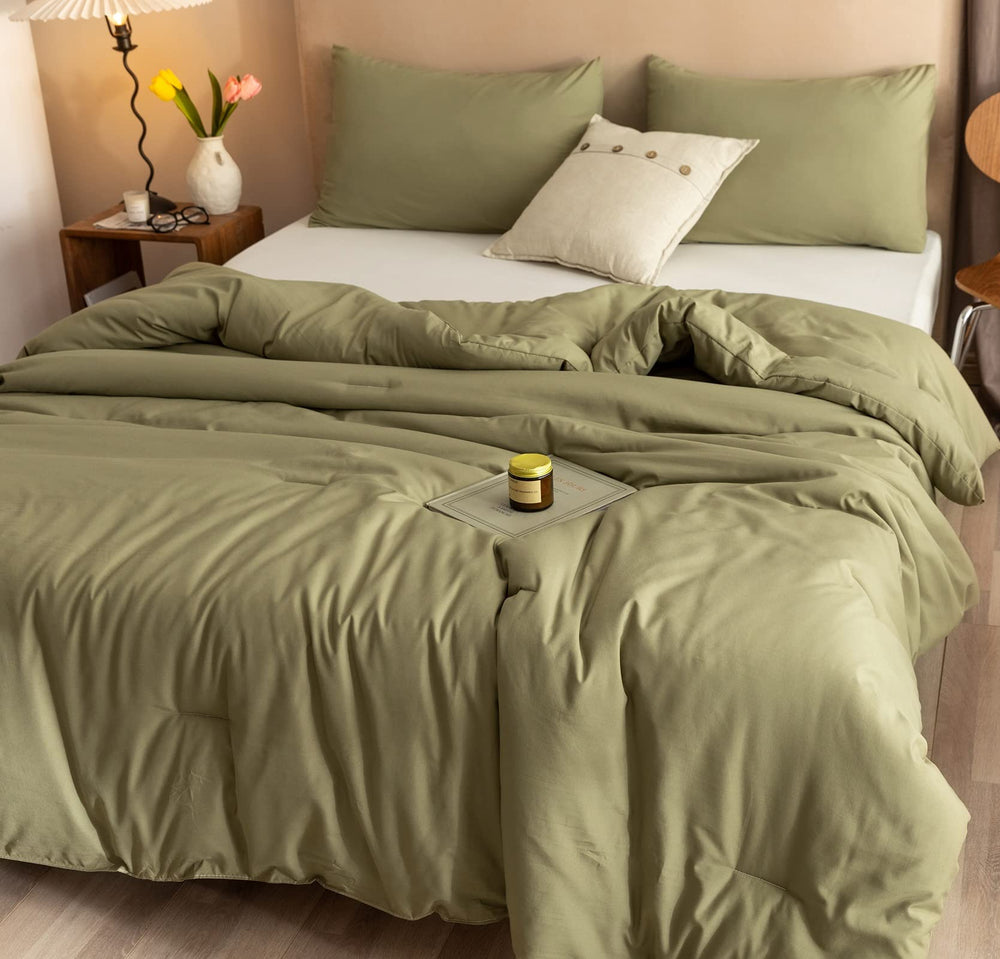ROSGONIA comforter on queen bed illustrating full coverage and styling benefit