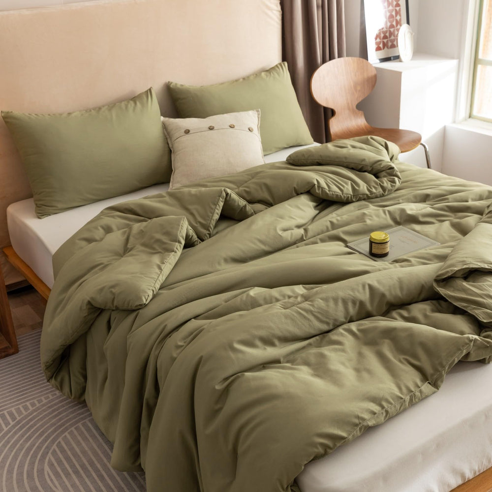 ROSGONIA olive comforter front view showing clean boho design and cozy look