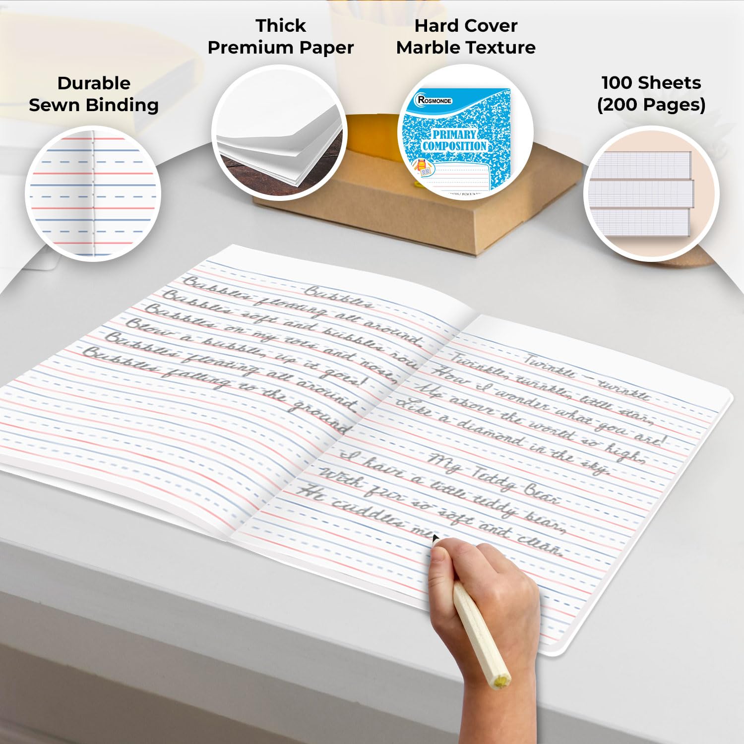Rosmonde primary-ruled pages with dashed midline aiding neat handwriting
