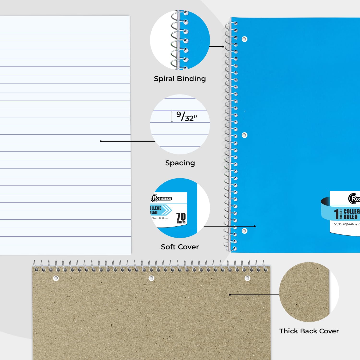 Rosmonde notebook next to backpack showing compact 10.5x8 inch portability