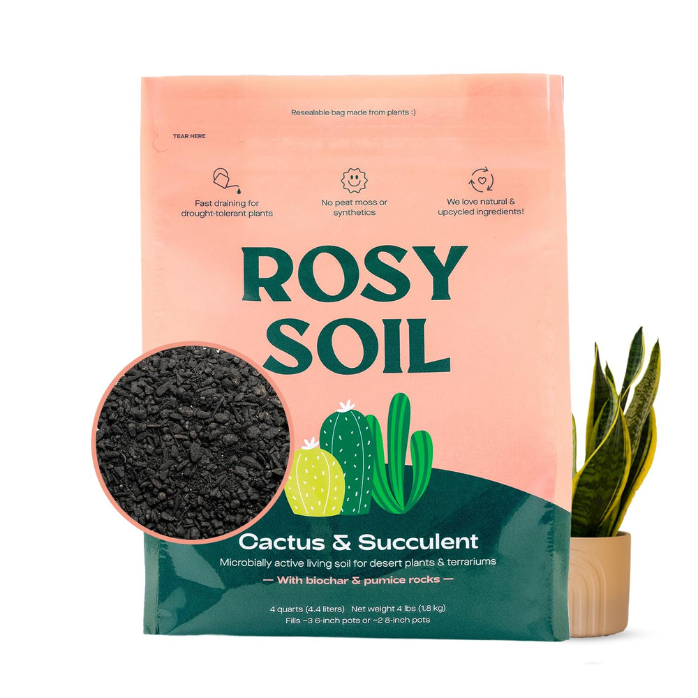 Rosy Soil front packaging showing 4 quart bag and plant-ready benefits