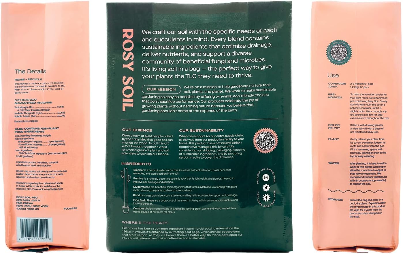 Rosy Soil bag on a shelf styled with houseplants for lifestyle appeal
