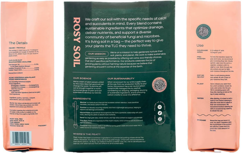 Rosy Soil bag on a shelf styled with houseplants for lifestyle appeal