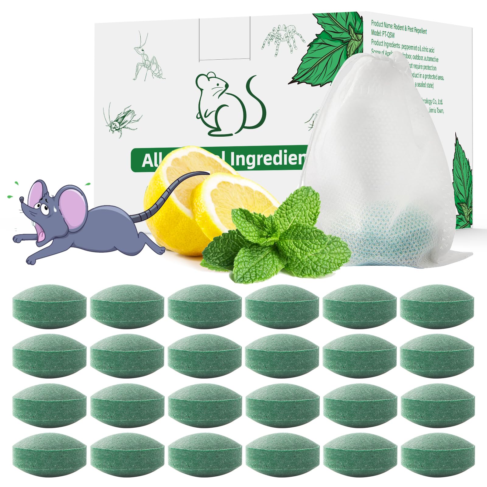ROTIAH front packaging showing 24 natural peppermint repellent pouches for quick protection