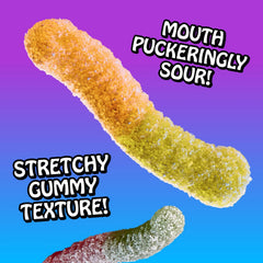 Opened Rotten bag spilling gummy worms, showing portion and reseal convenience