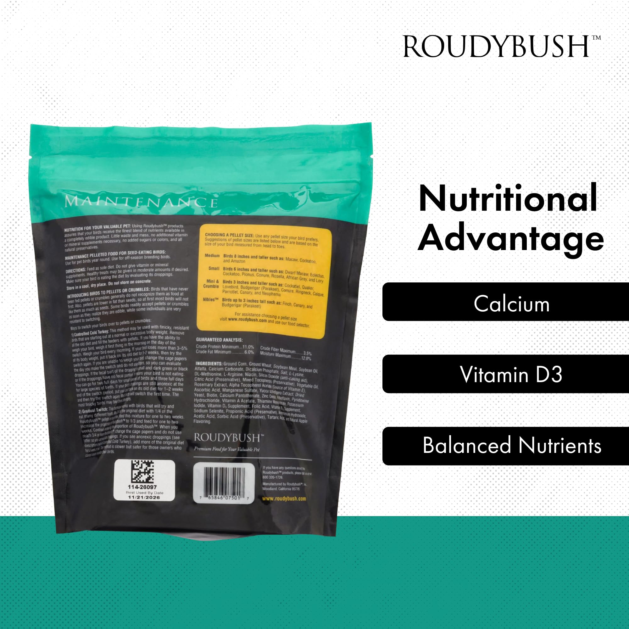 RoudyBush bag label and nutrition panel highlighting transparent ingredients information