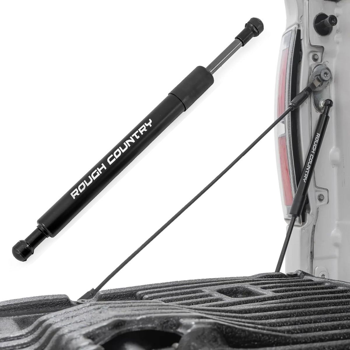 Rough Country tailgate assist front view showing fit and clean finish for convenience