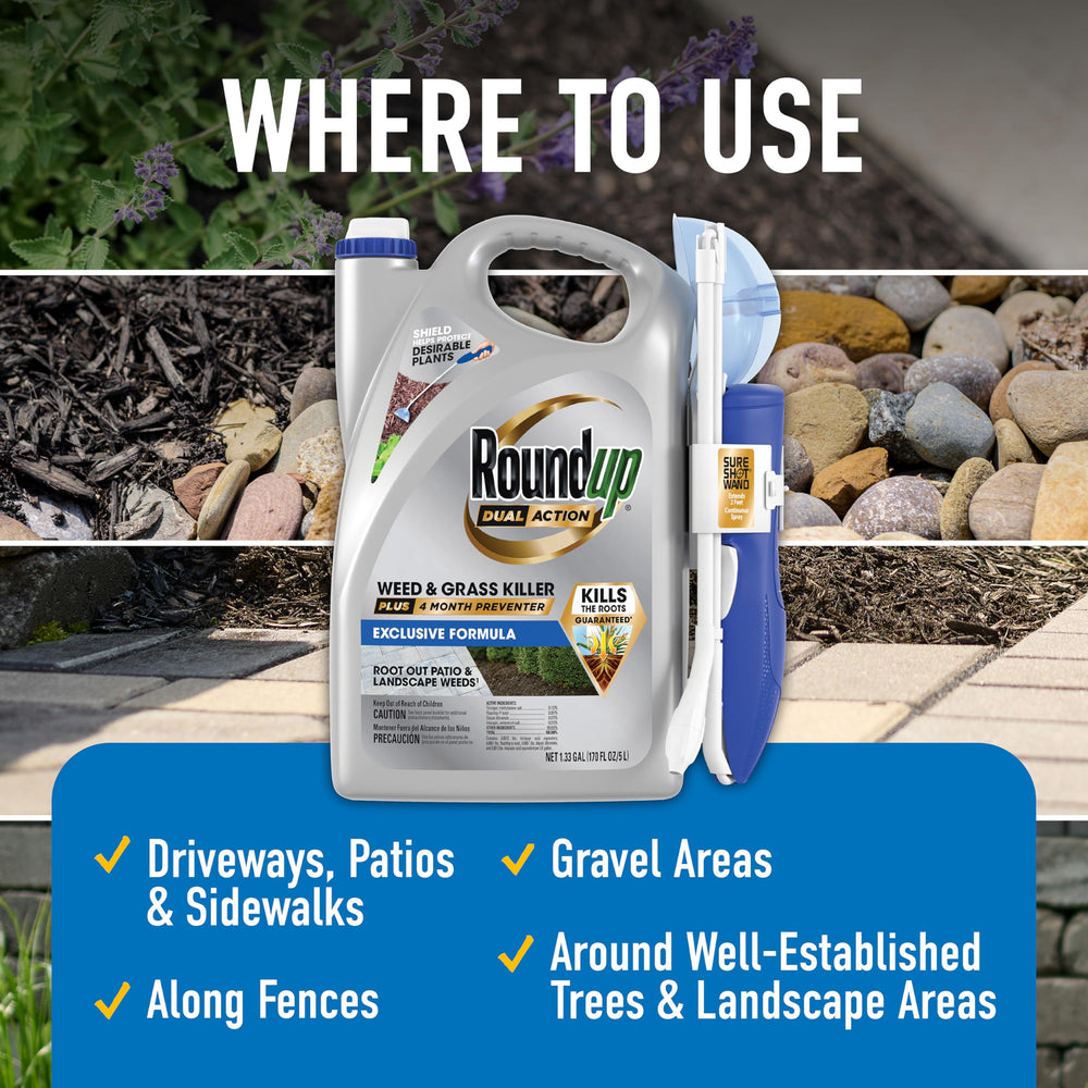 Roundup 1.33 gallon container held to show size and coverage up to 400 sq ft