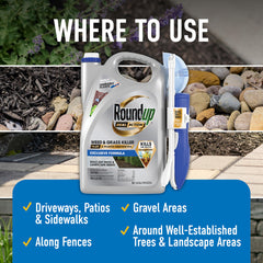 Roundup 1.33 gallon container held to show size and coverage up to 400 sq ft